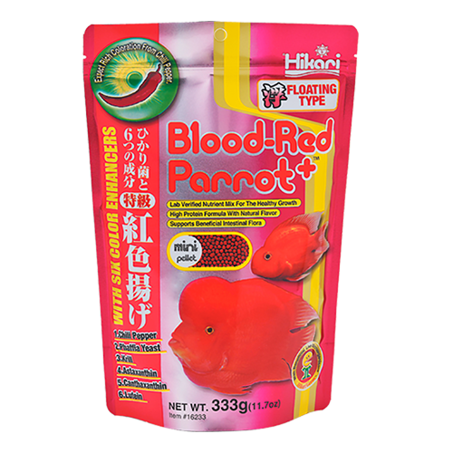 Parrot fish food guide showing Hikari Blood Red Parrot Plus food for blood parrot cichlids